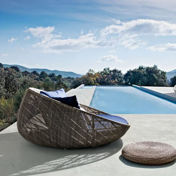 Round Rattan Outdoor Daybed Modern Sculptural Alfresco Outdoor Living