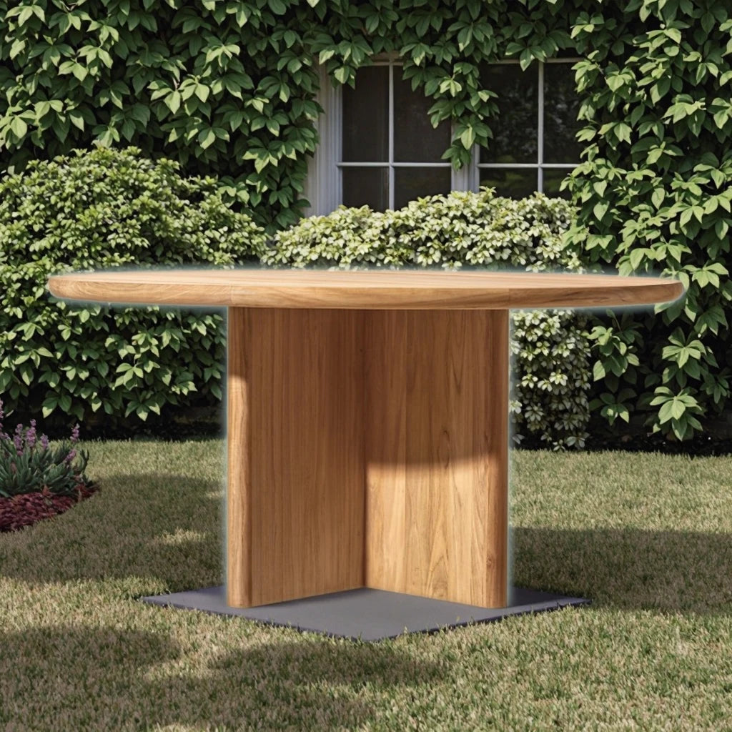 Teak Round Dining Table Sculptural Plank Alfresco Outdoor Living Australia
