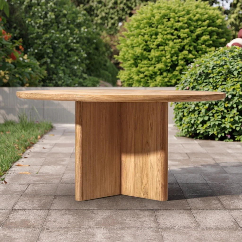 Teak Round Dining Table Sculptural Plank Alfresco Outdoor Living Australia