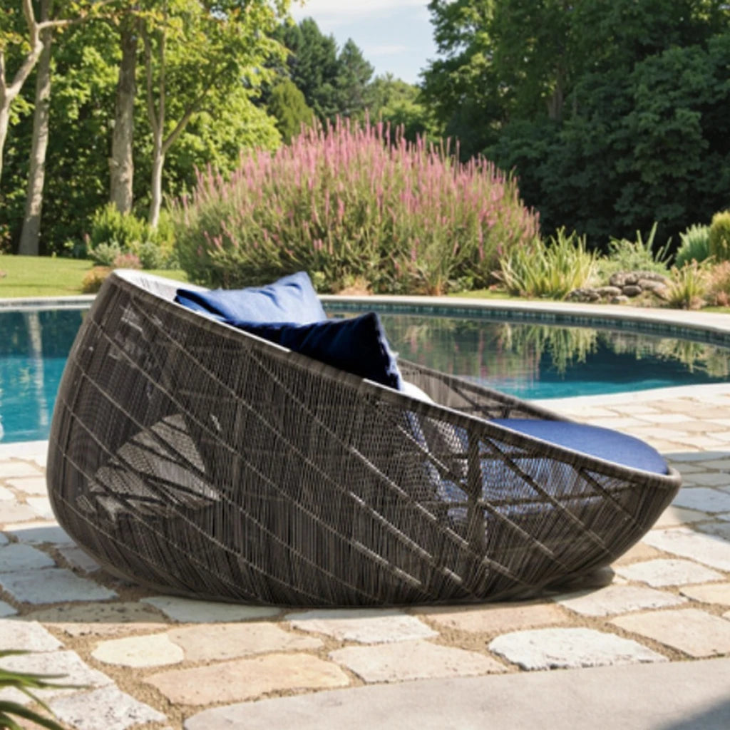 Round Rattan Outdoor Daybed Modern Sculptural Alfresco Outdoor Living