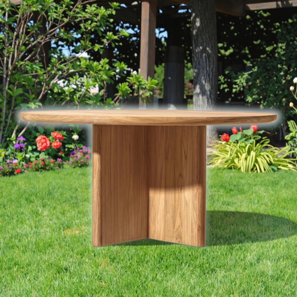 Teak Round Dining Table Sculptural Plank Alfresco Outdoor Living Australia